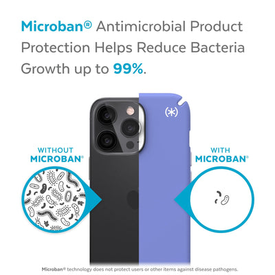 Back view, half without case, other with case, less germs on case - Microban antimicrobial product protection helps reduce bacteria growth up to 99%.#color_grounded-purple-white