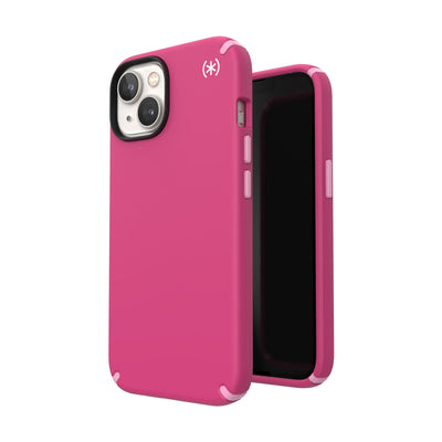 Three-quarter view of back of phone case simultaneously shown with three-quarter front view of phone case#color_digital-pink-blossom-pink-white