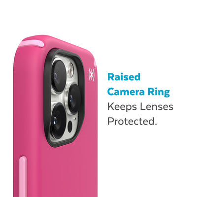 Slightly tilted view of side of phone case showing phone cameras - Raised camera ring keeps lenses protected.#color_digital-pink-blossom-pink-white