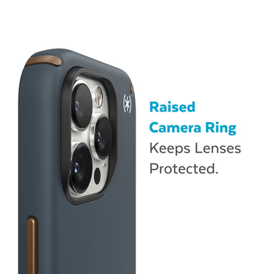 Slightly tilted view of side of phone case showing phone cameras - Raised camera ring keeps lenses protected.#color_charcoal-cool-bronze-white