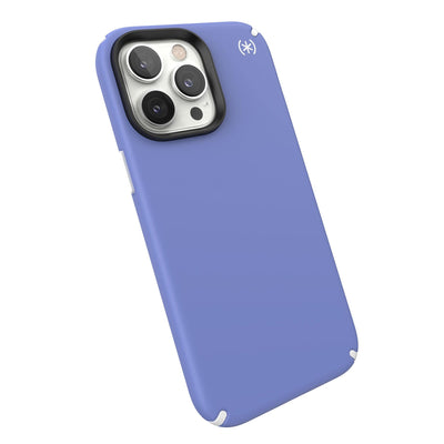 Tilted three-quarter angled view of back of phone case#color_grounded-purple-white