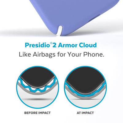 View of corner of phone case impacting ground with illustrations showing before and after impacat - Presidio2 Armor Cloud, like airbags for your phone.#color_grounded-purple-white