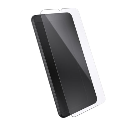 Three-quarter angled view device with screen protector hovering above screen.
