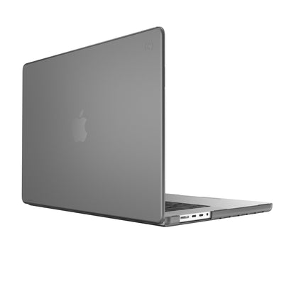Three quarter view of the back of the MacBook with the laptop open.#color_graphite-grey