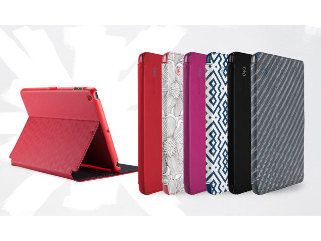 Three-quarter view of StyleFolio in view mode with various colors of closed cases to the side