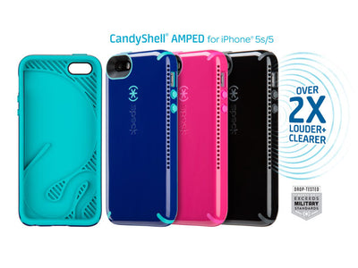 Lineup of four CandyShell AMPED cases, one showing the inside, the other three available colors (CandyShell AMPED for iPhone 5s/5 - Over 2x louder and clearer)