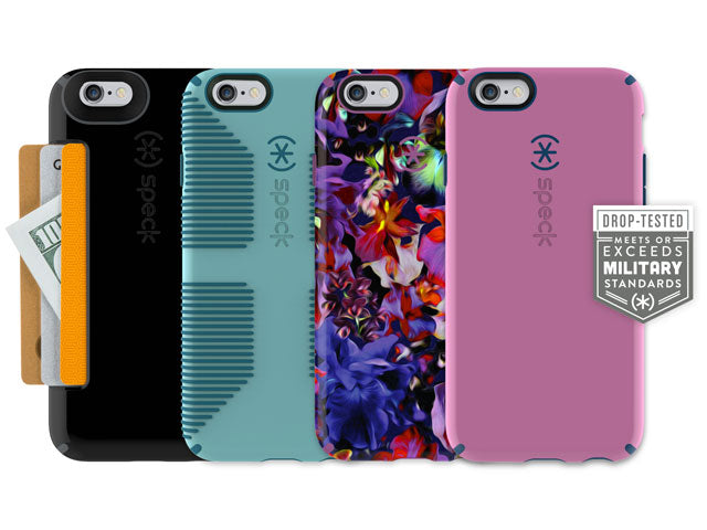 Lineup of four Speck cases for iPhone 6 and iPhone 6 Plus - CandyShell Card, CandyShell Grip, CandyShell Inked, and CandyShell