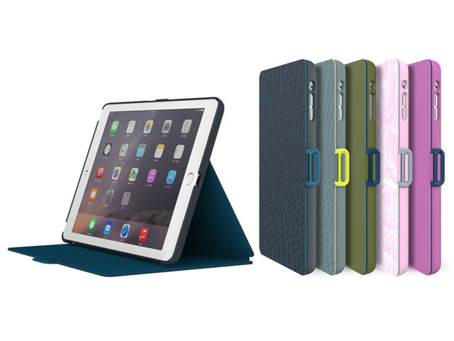 Balance Folio for iPad Air 2 in stand mode with various colors of iPad mini 3 cases standing next to it