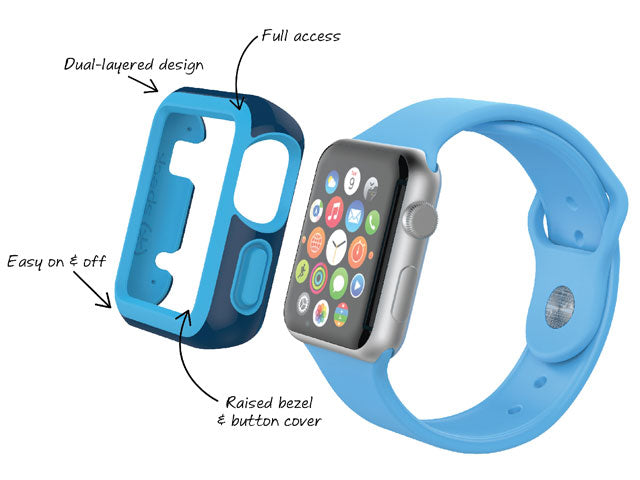 Three quarter view of Apple Watch with CandyShell Fit case overing above (callouts Dual-layered design, Full access, Easy on & off, Raised bezel & button cover)