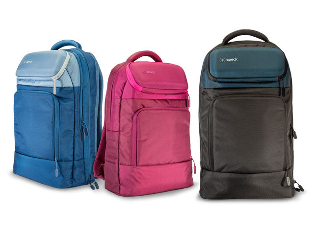 Back views of Blue, Pink, and Black Speck MightyPack and MightyPack Plus backpacks