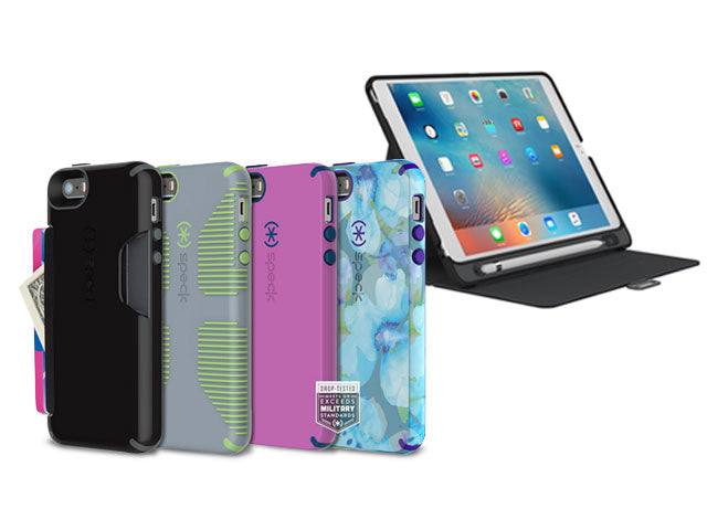 Three-quarter view of StyleFolio iPad case in stand mode with various colors of iPhone SE cases in front