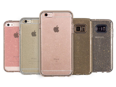 Front view of CandyShell Glitter cases on various phones and in various colors
