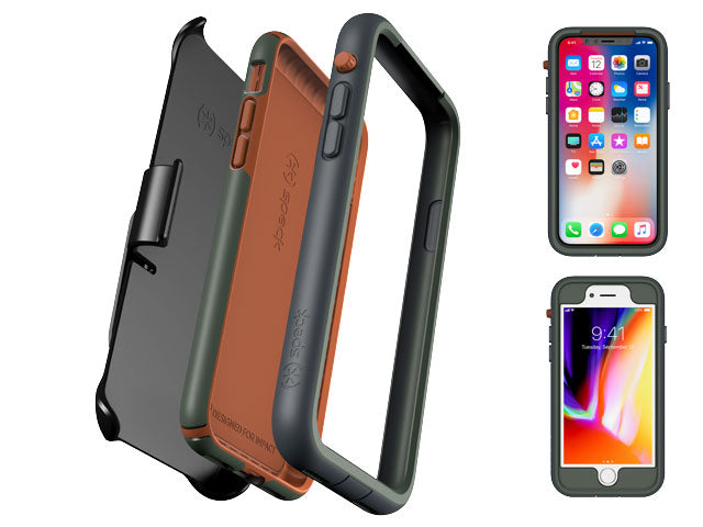 Exploded view of Presidio ULTRA components and front view of phone with case on and bumper on
