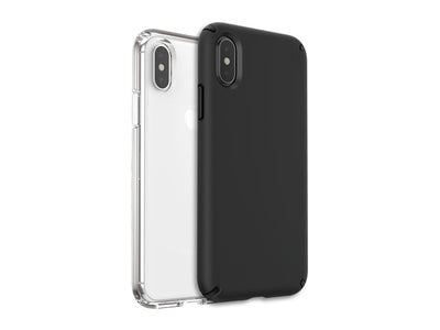 Three-quarter view of Presidio Pro and Presidio Stay Clear cases for iPhone by Speck