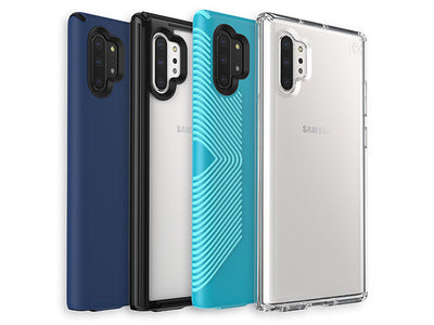 Lineup of four cases for Samsung Galaxy Note10 and Note10+ by Speck - Presidio Pro, Presidio V-Grip, Presidio Grip, and Presidio Stay Clear