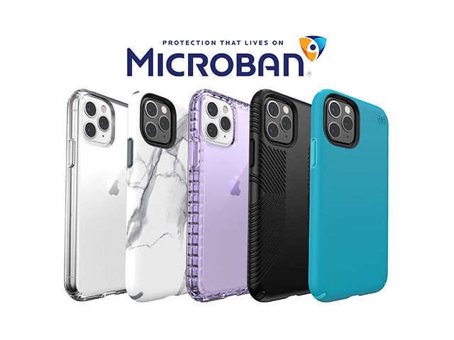 Lineup of iPhone 11, iPhone 11 Pro, and iPhone 11 Pro Max cases with Microban by Speck - Microban: Protection that lives on