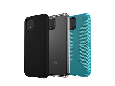 Lineup of three cases for Google Pixel 4 and Pixel 4 XL by Speck - Presidio Pro, Presidio Stay Clear, and Presidio Grip