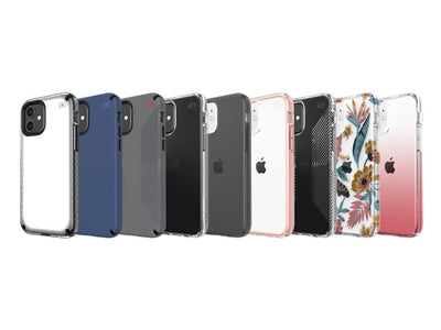 Lineup of iPhone 12, iPhone 12 mini, iPhone 12 Pro, and iPhone 12 Pro Max cases by Speck