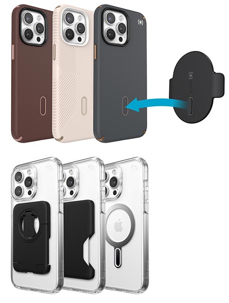 Presidio cases with ClickLock no-slip interlock are lined up, a car vent mount hovers to the side, with an arrow pointing to the receptacle in the case the accessory bolt attaches to. Other cases have accessories already attached.