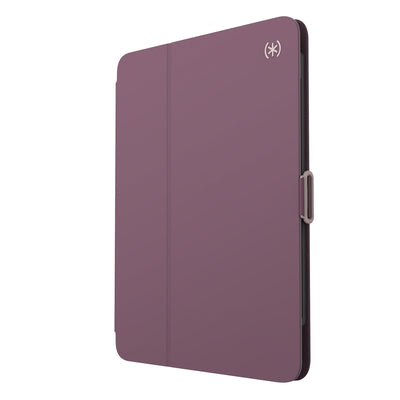 Three-quarter view of front of the case, with folio closed.#color_plumberry-purple-crushed-purple-crepe-pink