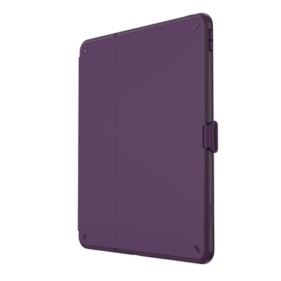 Three-quarter view of front of the case, with folio closed.#color_argyle-purple-eggplant-purple