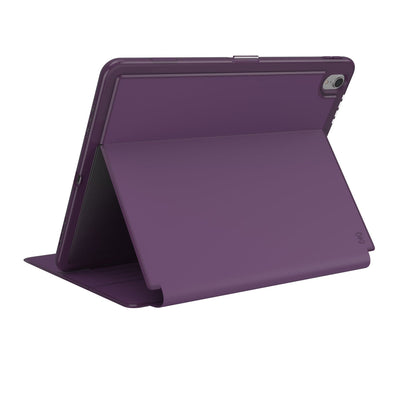 Three-quarter view of back of the case, using view stand formation.#color_argyle-purple-eggplant-purple