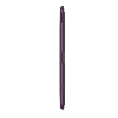 Side view of the case, with folio closed, showing clasp.#color_argyle-purple-eggplant-purple