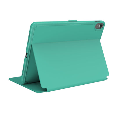 Three-quarter view of back of the case, using view stand formation.#color_tropic-teal