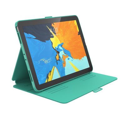 Three-quarter view of front of the case, using view stand formation.#color_tropic-teal