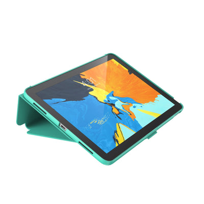 Three-quarter view of the front of the case, using typing stand formation.#color_tropic-teal