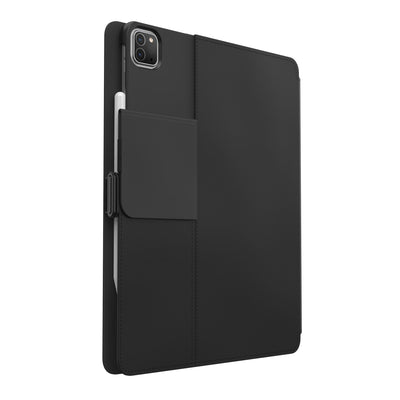 Three-quarter view of the back of the case, with folio closed and camera flap folded down.#color_black