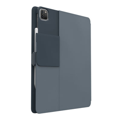 Three-quarter view of the back of the case, with folio closed and camera flap folded down.#color_stormy-grey-charcoal-grey