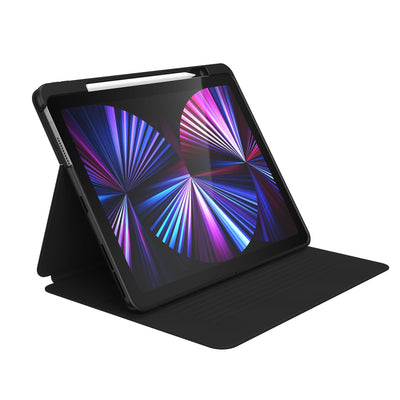 Three-quarter view of front of the case, using view stand formation.#color_black