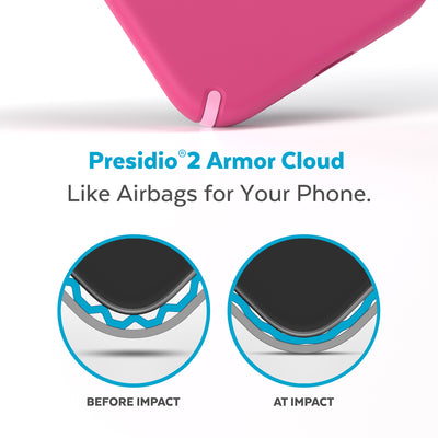 View of corner of phone case impacting ground with illustrations showing before and after impact - Presidio2 Armor Cloud, like airbags for your phone.#color_digital-pink-blossom-pink