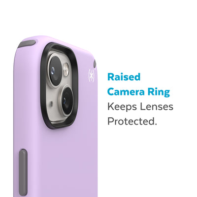 Slightly tilted view of side of phone case showing phone cameras - Raised camera ring keeps lenses protected.#color_spring-purple-cloudy-grey