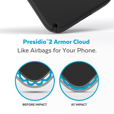 View of corner of phone case impacting ground with illustrations showing before and after impact - Presidio2 Armor Cloud, like airbags for your phone.#color_black