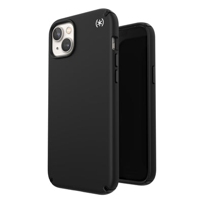 Three-quarter view of back of phone case simultaneously shown with three-quarter front view of phone case#color_black