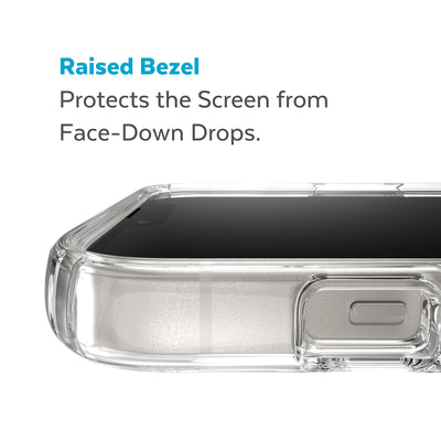 View of top of phone case laying on its back - Raised bezel protects the screen from face-down drops.#color_clear-silver