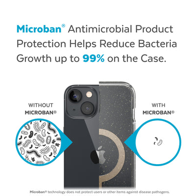 Back view, half without case, other with case, less germs on case - Microban antimicrobial product protection helps reduce bacteria growth up to 99% on the case.#color_clear-gold-glitter