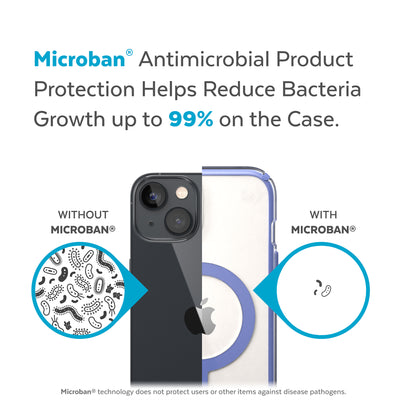 Back view, half without case, other with case, less germs on case - Microban antimicrobial product protection helps reduce bacteria growth up to 99% on the case.#color_clear-grounded-purple