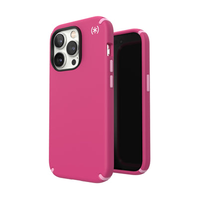 Three-quarter view of back of phone case simultaneously shown with three-quarter front view of phone case#color_digital-pink-blossom-pink