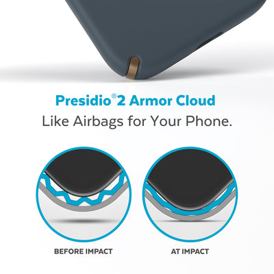 View of corner of phone case impacting ground with illustrations showing before and after impact - Presidio2 Armor Cloud, like airbags for your phone.#color_charcoal-grey-cool-bronze