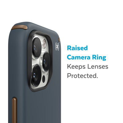 Slightly tilted view of side of phone case showing phone cameras - Raised camera ring keeps lenses protected.#color_charcoal-grey-cool-bronze