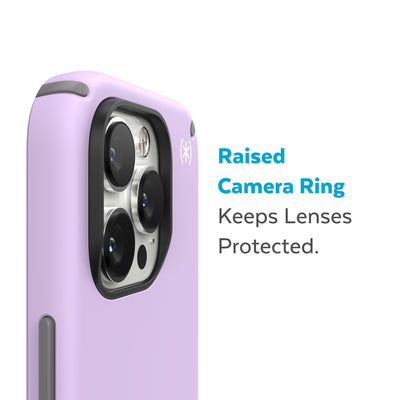 Slightly tilted view of side of phone case showing phone cameras - Raised camera ring keeps lenses protected.#color_spring-purple-cloudy-grey