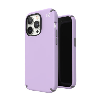 Three-quarter view of back of phone case simultaneously shown with three-quarter front view of phone case#color_spring-purple-cloudy-grey