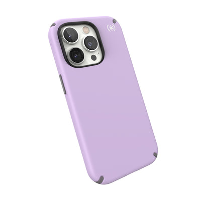 Tilted three-quarter angled view of back of phone case#color_spring-purple-cloudy-grey