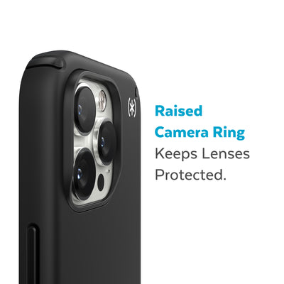 Slightly tilted view of side of phone case showing phone cameras - Raised camera ring keeps lenses protected.#color_black