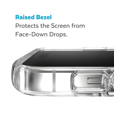 View of top of phone case laying on its back - Raised bezel protects the screen from face-down drops.#color_clear