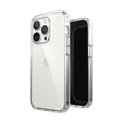 Three-quarter view of back of phone case simultaneously shown with three-quarter front view of phone case#color_clear