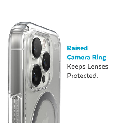 Slightly tilted view of side of phone case showing phone cameras - Raised camera ring keeps lenses protected.#color_clear-silver